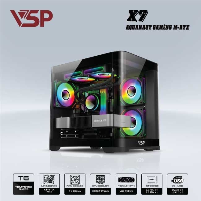 VỎ CASE MÁY TÍNH AQUANAUT PRO GAMING M-ATX X7 - ĐEN