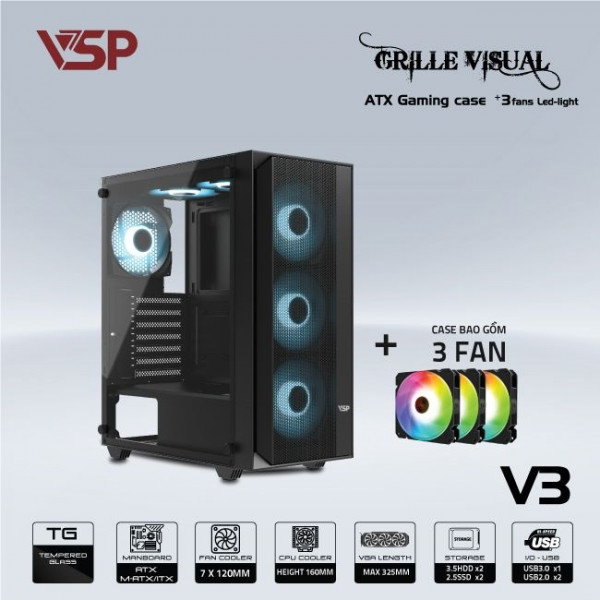 Vỏ Case VSP GAMING V3 - ĐEN (ATX/Mid Tower) Tặng Kèm 3 Fan RGB PC