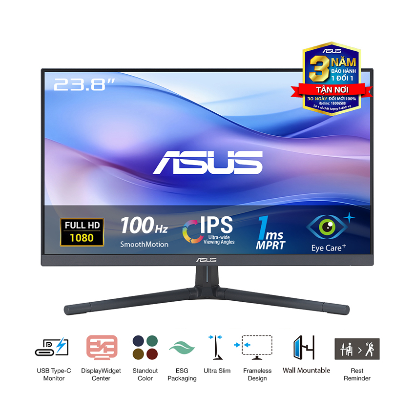 Màn hình ASUS VU249CFE-B (23.8 inch/FHD/IPS/100Hz/1ms/USB-C)