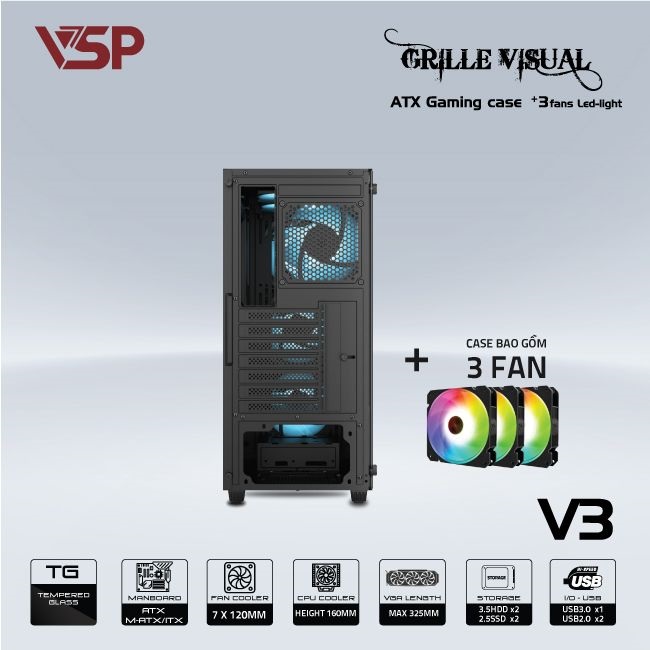 Vỏ Case VSP GAMING V3 - ĐEN (ATX/Mid Tower) Tặng Kèm 3 Fan RGB PC