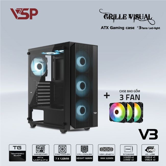 Vỏ Case VSP GAMING V3 - ĐEN (ATX/Mid Tower) Tặng Kèm 3 Fan RGB PC