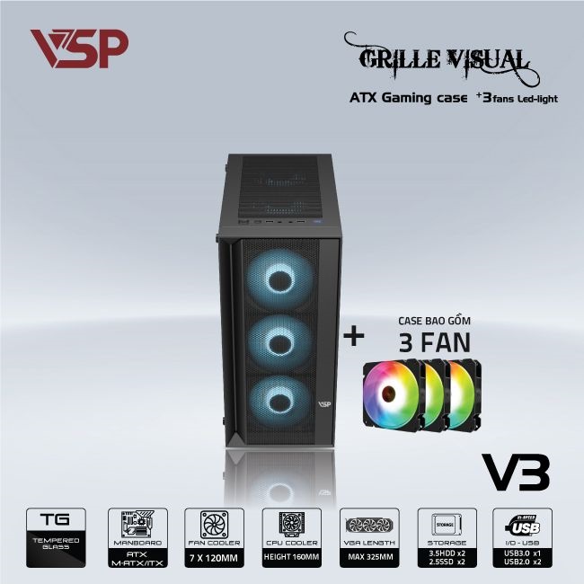 Vỏ Case VSP GAMING V3 - ĐEN (ATX/Mid Tower) Tặng Kèm 3 Fan RGB PC