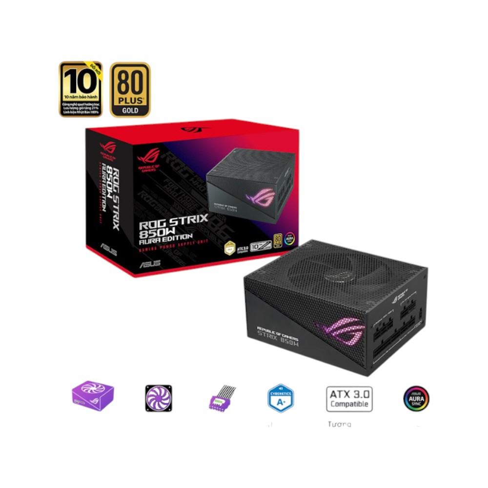 Nguồn Asus ROG STRIX 850W Gold Aura Edition (ATX 3.0/PCIe Gen 5.0 /Full Modular/Màu Đen)