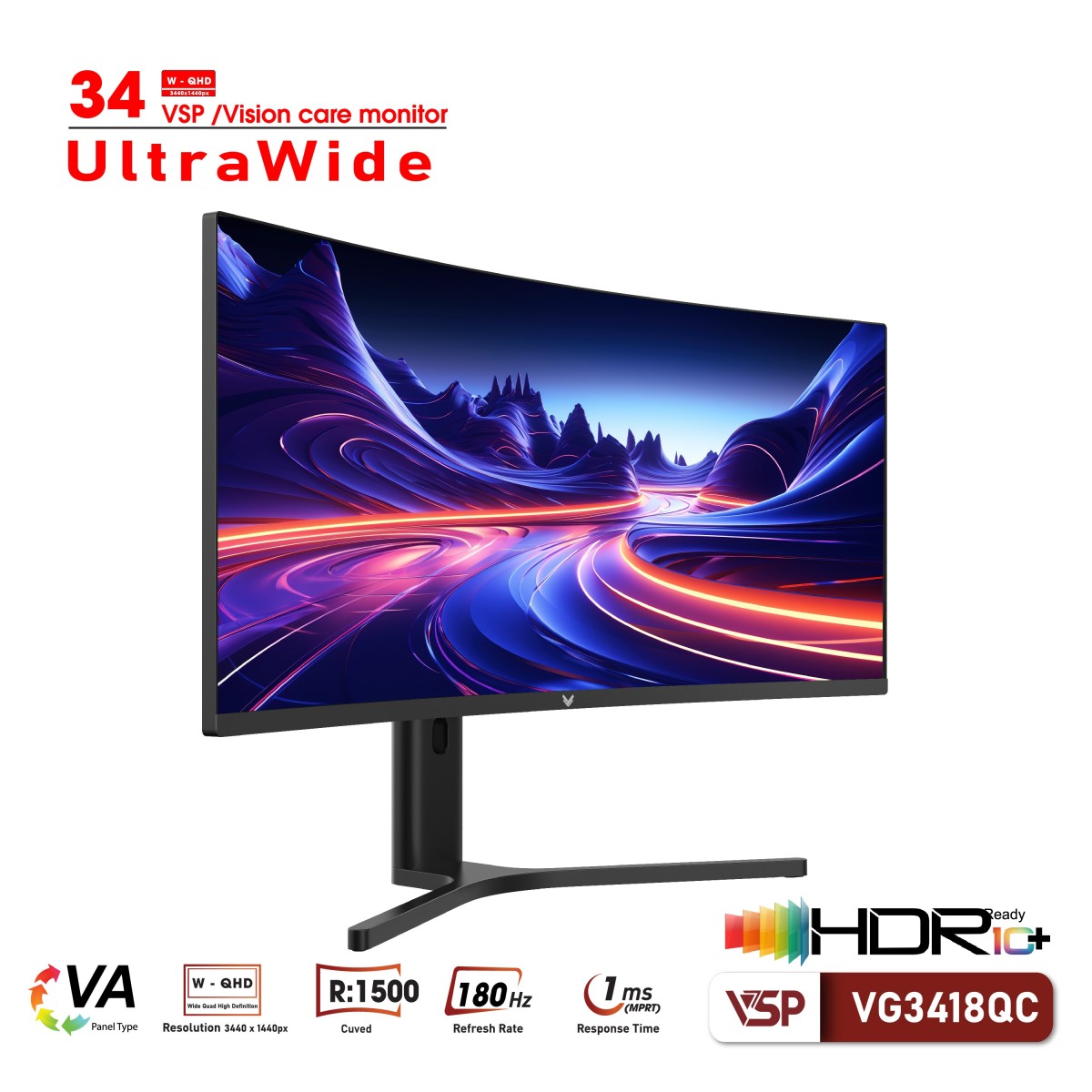 Màn Hình Cong Gaming Ultrawide VSP VG3418QC (34inch/2K/VA/180hz/1ms/Adaptive Sync)