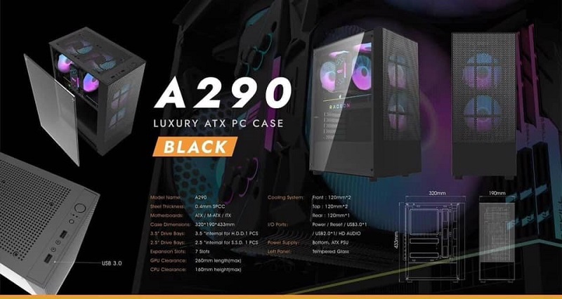 Vỏ case máy tính DarkFlash A290 (ATX - Màu Đen) Kèm 3 Fan
